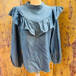 Love & Roses Pin Dot Indigo Blue Ruffled Blouse 10